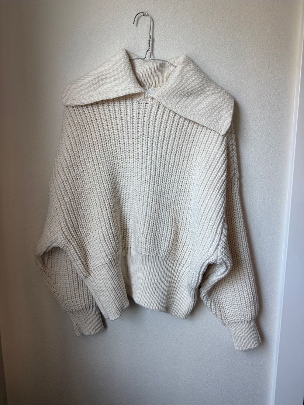 H&M Cream Oversized Chunky Knit Sweater with Folded Collar